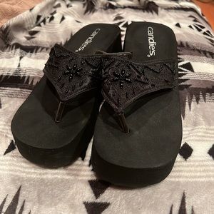 Vintage Candie’s Black Wedge Flip Flops